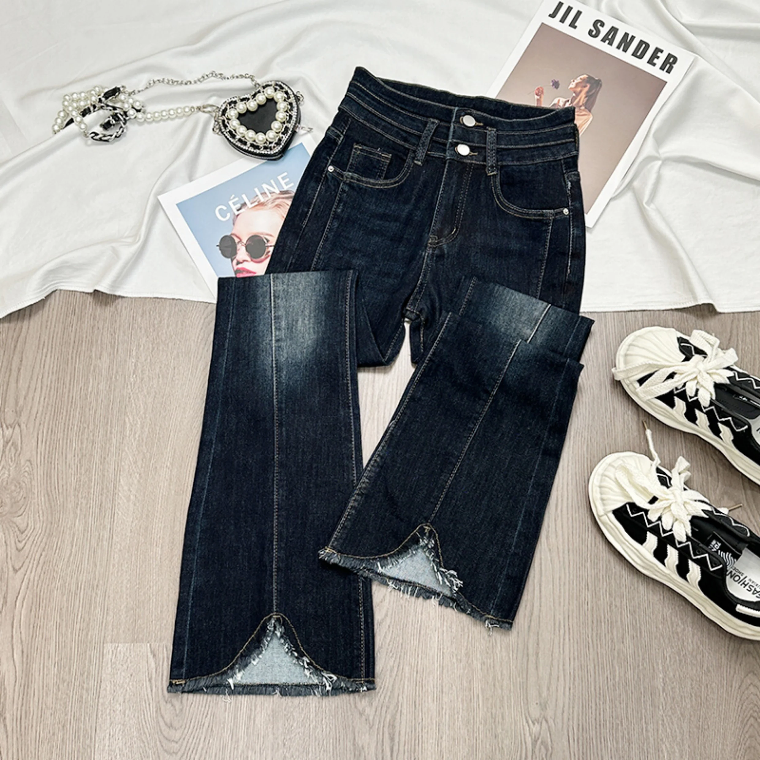 

Темно-синие расклешенные джинсы для женщин, новинка 2023 года, весна-осень, стиль расширенной длины, модные джинсовые брюки в американском стиле ретро