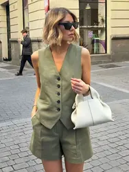 HH 2024 Summer Causal Women's Solid Shorts Suit V Neck Single Breasted Vest+A-Line Zipper Fly Shorts Office Lady Elegant Set