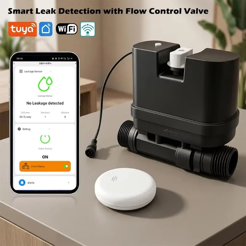 Solenoid valve integrated flowmeter WiFi application remote control, water leak detection, valve closure device for water