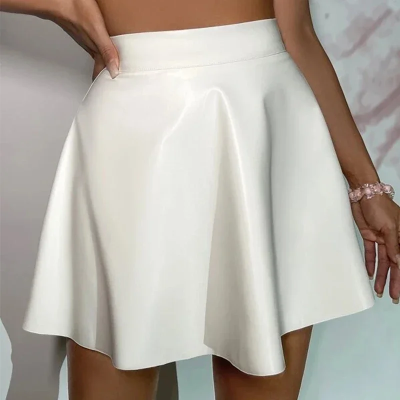 Women White Patent Leather Pleated Skirt Sexy Plus Size Short Mini Solid A-Line Skirts Summer High Waist Skate Streetwear Custom