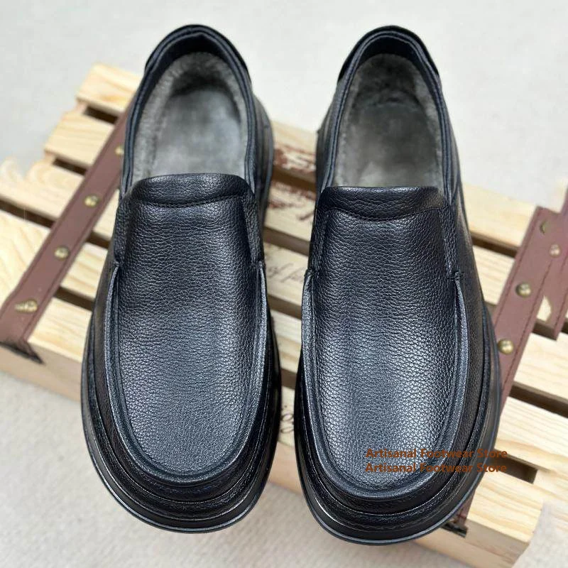 Wide Round Toe Black Leather Loafers Men's Shoes Thick-Soled Genuine Leather Soft Leather Soft Sole Casual Slip-On Loafers