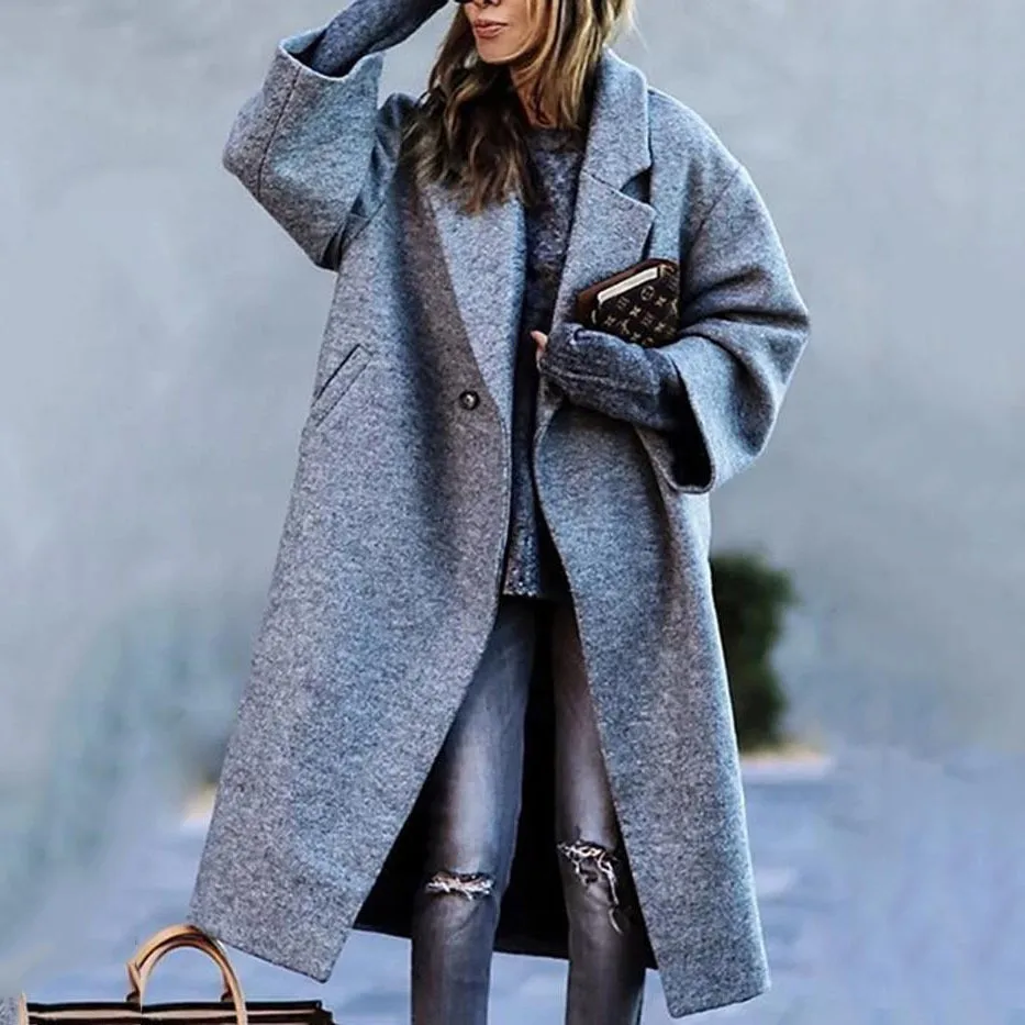 Women Blends Print Single Button Wool Coat Long Sleeve Turn Down Collar Cardigan Pockets Patchwork Casual Outerwear Loose