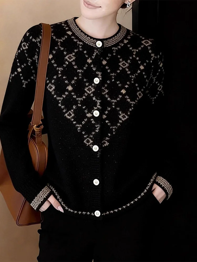 

Повседневный вязаный круглый открытый кардиган для женщин с ромбовидным узором, зимний новый дизайн, дышащий свободный крой, длинный топ све