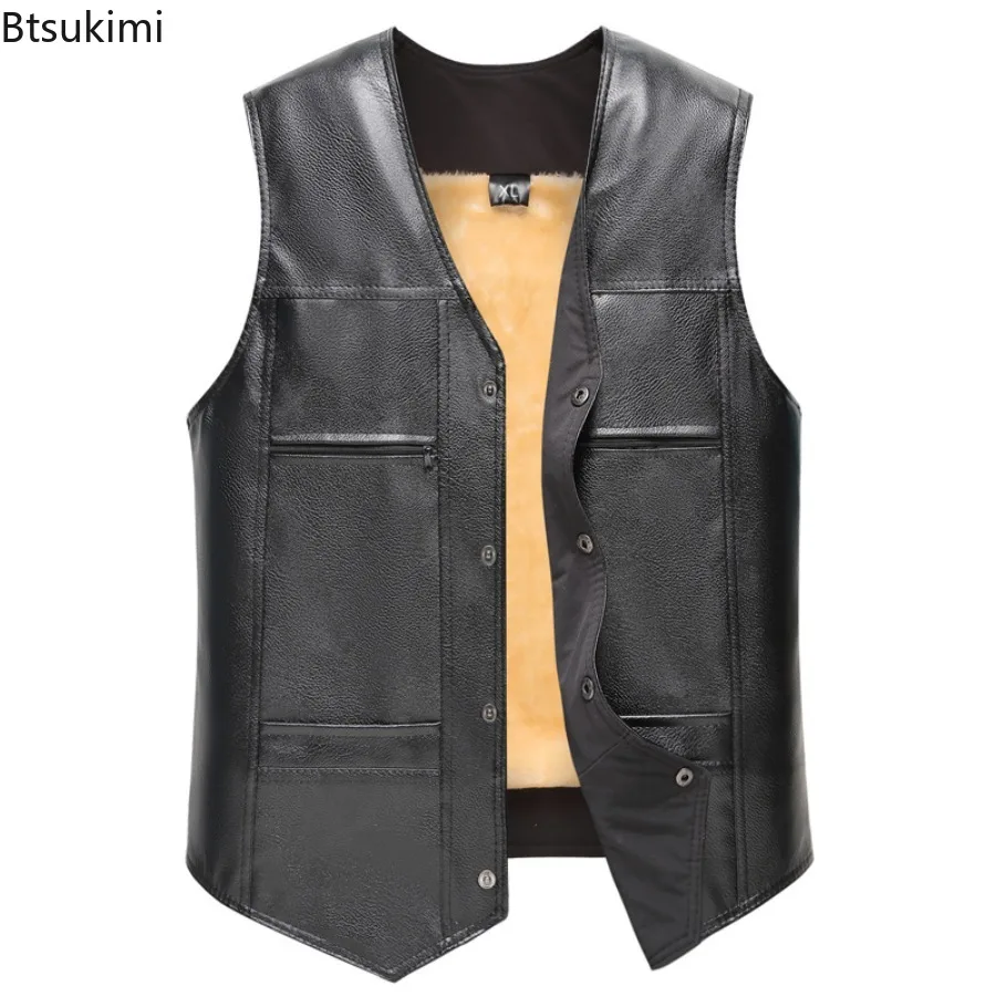 

2025 Men's PU Leather Vests Stylish Faux Leather Motorcycle Vest Warm Autumn and Winter Jacket Single Breasted V-neck Coat Male