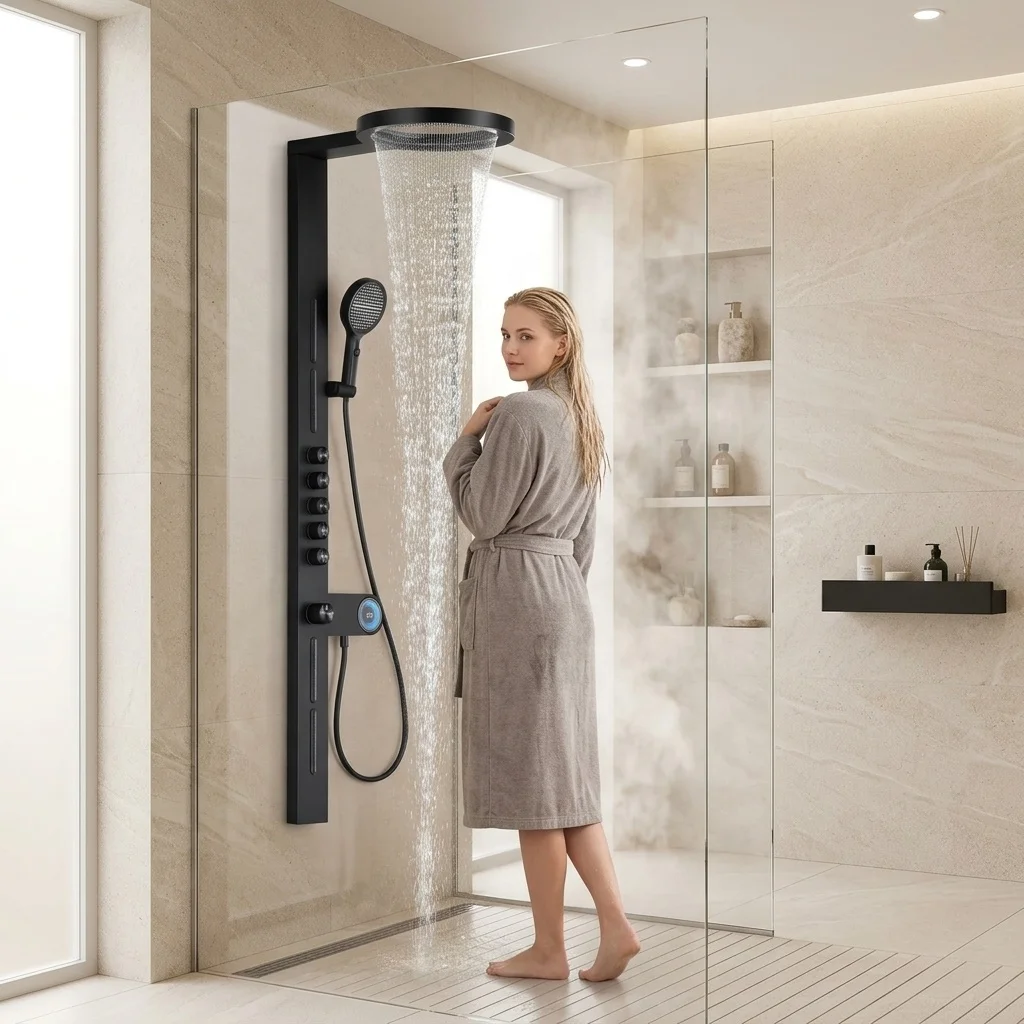 Large Waterfall White Shower Wall Hanging Full Copper Pressurized Ring Bathroom Shower Screen Set Rain Jet Spray Brass Brushed