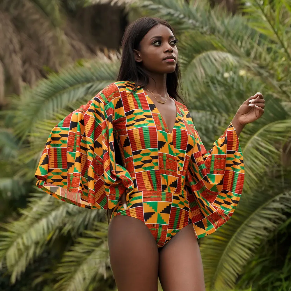 2023 New African Style Monokini Sexy V-Neck Swimsuit Kente Printed Women Fashion Long Sleeve Beach Swimwear