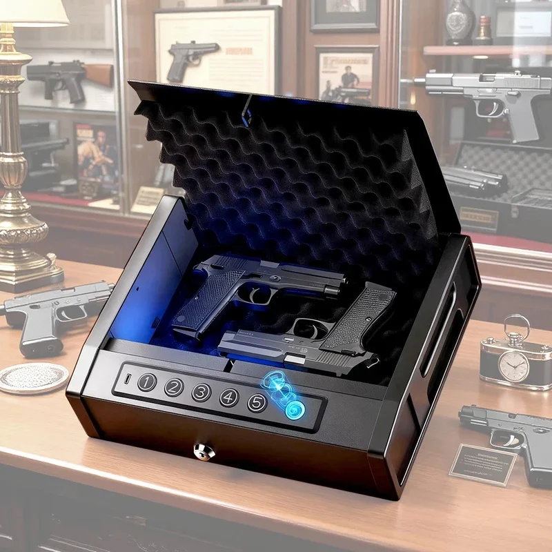 New Fingerprint Password Gun Box Household Portable Car Pistol Box, Valuables Safety Box, Carbon Steel Material Strong Pressure.