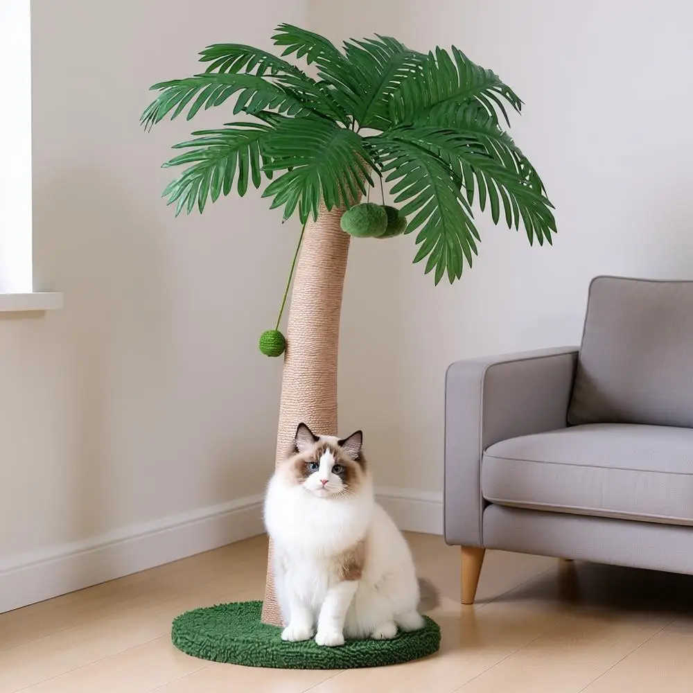 

43 Inches Tall Cat Scratching Post, Large Cat Tree Shaped Sisal Scratcher, Indoor Cat with 3 Pompoms