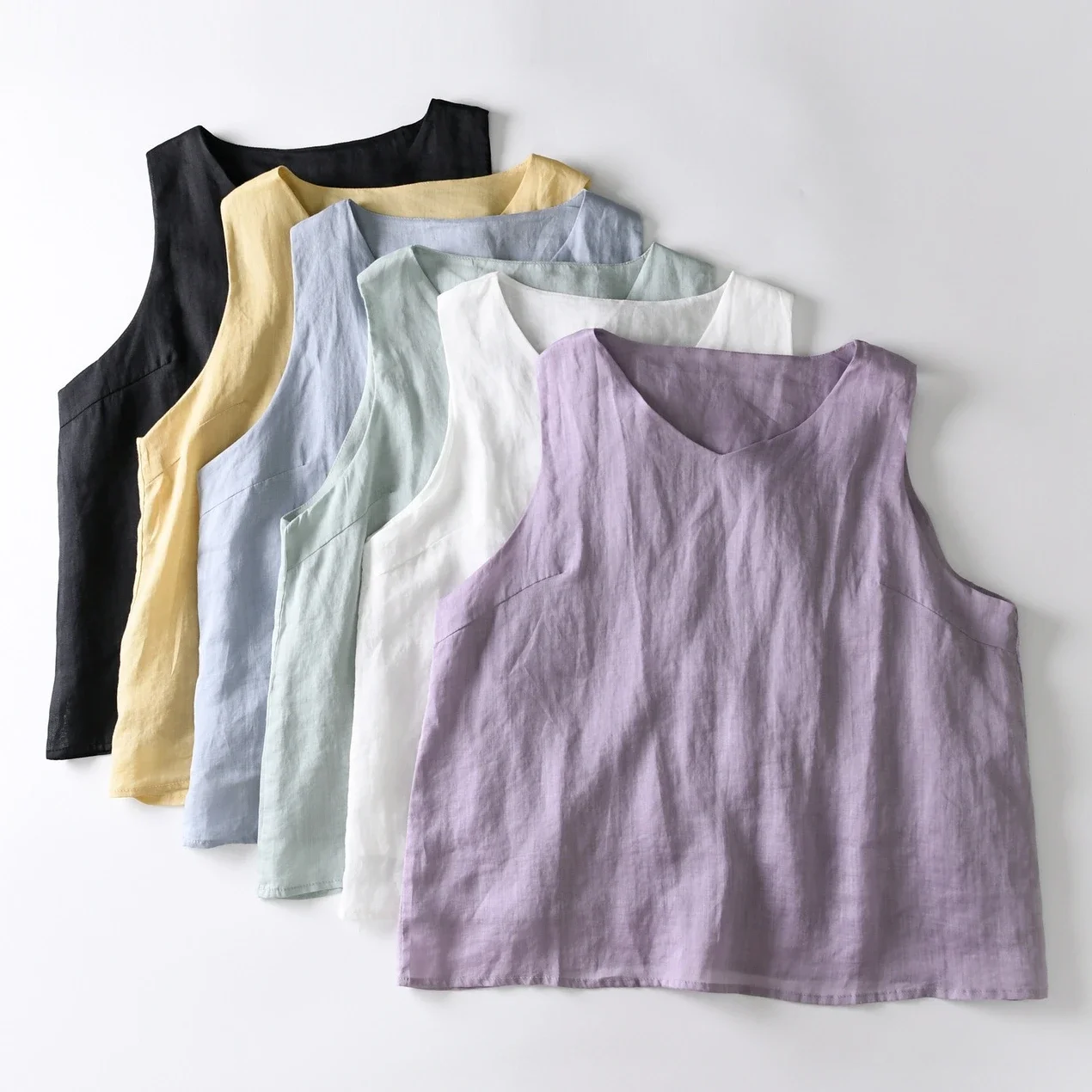 

Summer Linen V-neck Double Layer Fabric Loose Fit Wide Cropped Tank 2024 Homewear Minimalist All-match Sleeveless Top Clothes