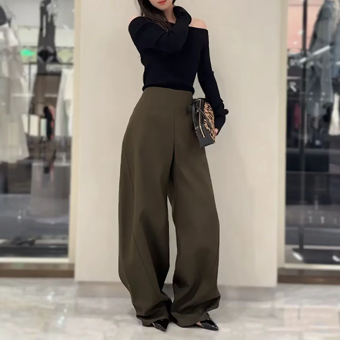 2025 New Fashion Autumn Elegant Fashion Army Green Suit Pants Women High Waist Casual Loose Chic Office Trousers
