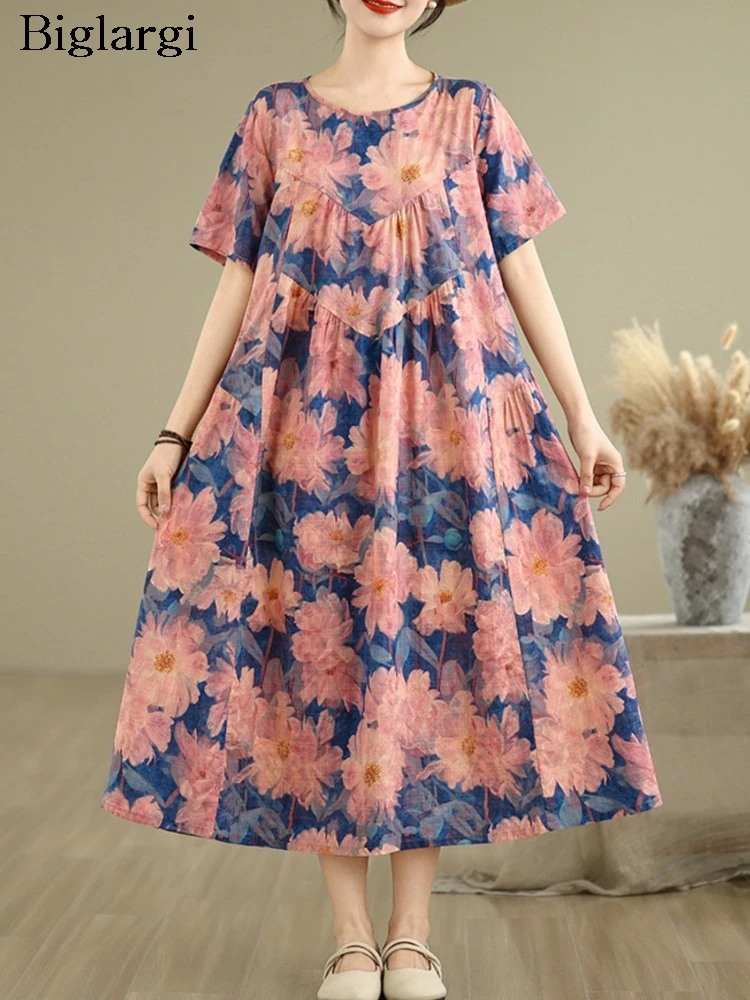 

Oversized Summer Midi A-Line Dress Women Flower Floral Print Fashion Ruffle Ladies Dresses Casual Loose Woman Dress