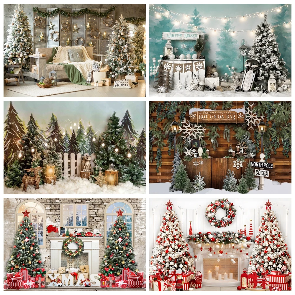 Merry Christmas Photography Backdrop Winter Christmas Tree Gifts Fireplace Family Party Birthday Decoration Photo Background