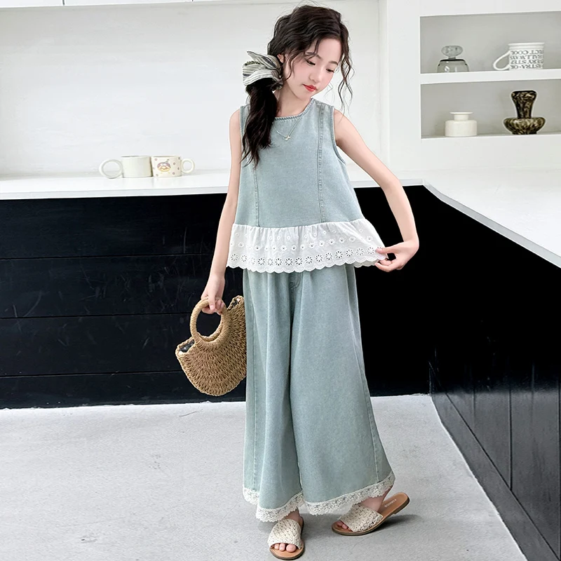 High Fashion Children Summer Denim Suit for Girl Lace Up Tops + Jeans 2 Pieces Clothing Set Kids Stylish Streetwear Tracksuit