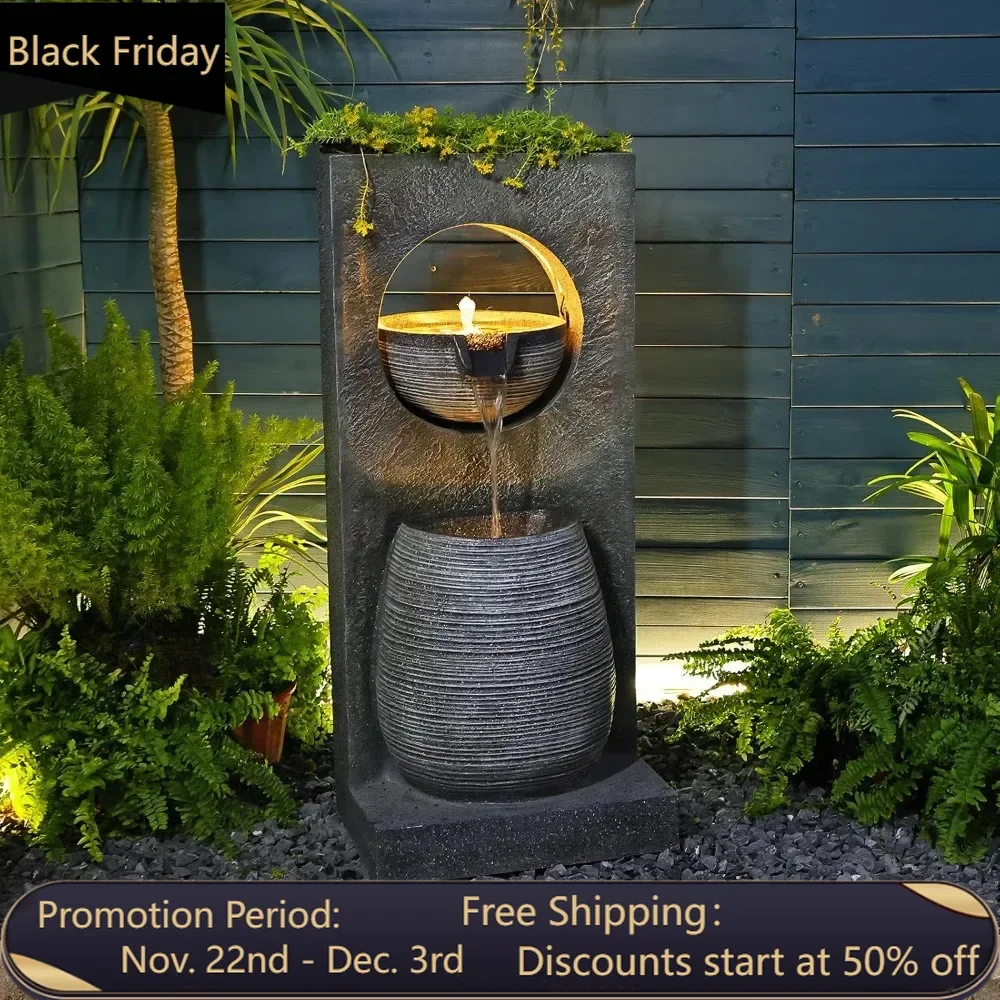 Water Fountain Outdoor Indoor - Modern Waterfall Garden Freestanding Fountain Curved Surface Artistry Design with LED Lights and