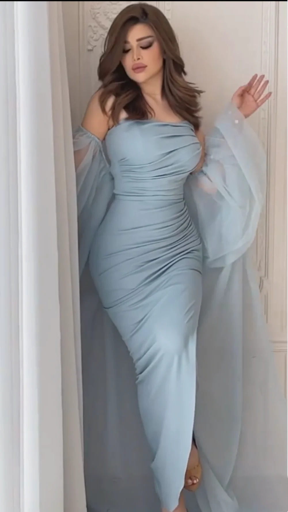 Robe de soirée plissée sans bretelles avec manches, robe de soirée, robe de Rhformelle, fourreau, fête musulmane, vintage, bleu bébé, longue