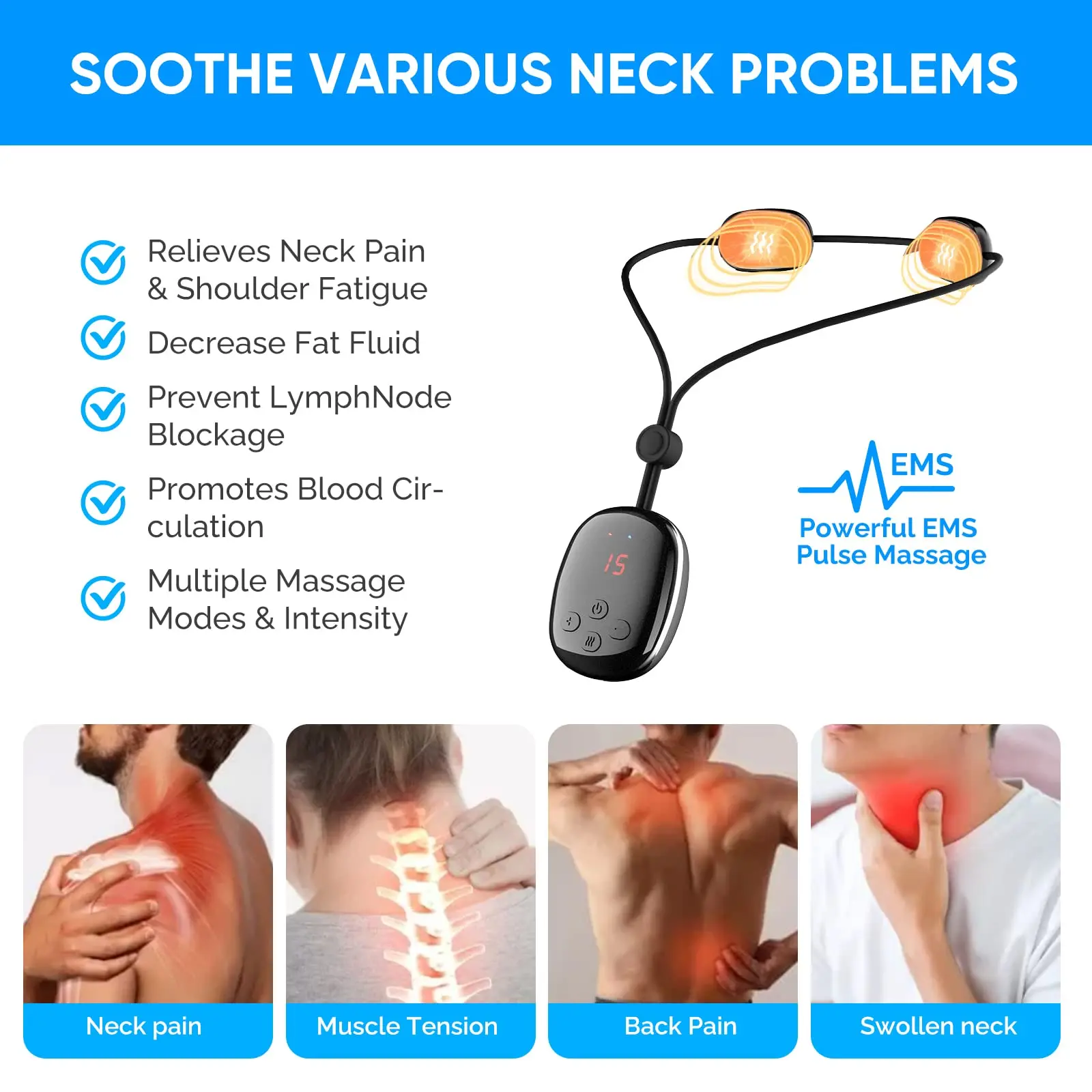 Neck Massager Intelligent Heat Electric Cervical Spine Massager for Pain Relive and Relax Neck 5 Modes 15 Levels Intensity