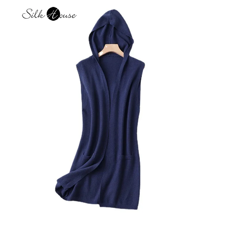 

Mulberry Silk Sleeveless Hooded Vest Coat Casual Autumn/Winter New Product Medium Long Vest Soft Shawl Tank Top Free Shipping