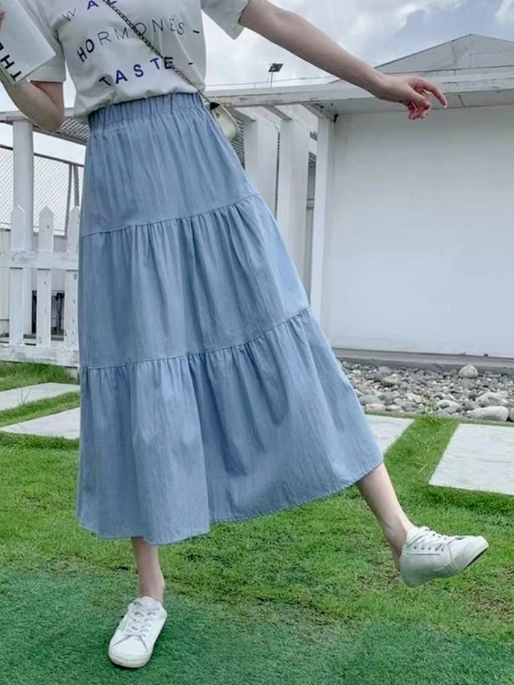 Summer Saia Female A-Line Long Denim Skirt Pockets Women High Waist Midi Jeans Skirts Dark Blue,Light Blue Skirt