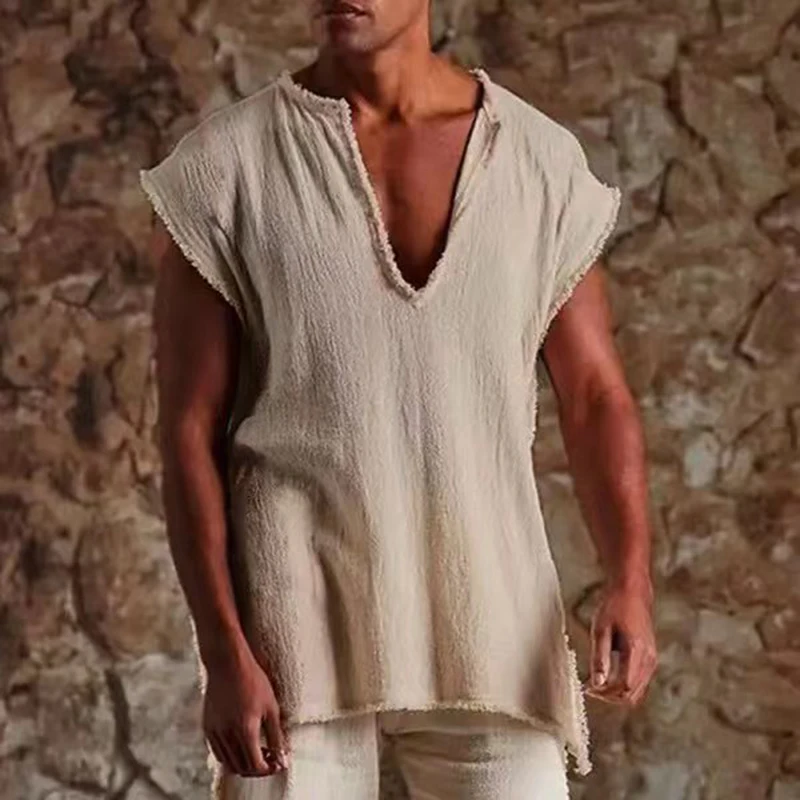 Stylish Ripped V Neck Tank Tops Mens Vintage Solid Color Loose Sleeveless Camisoles Men Summer Casual Breathable Thin T Shirts