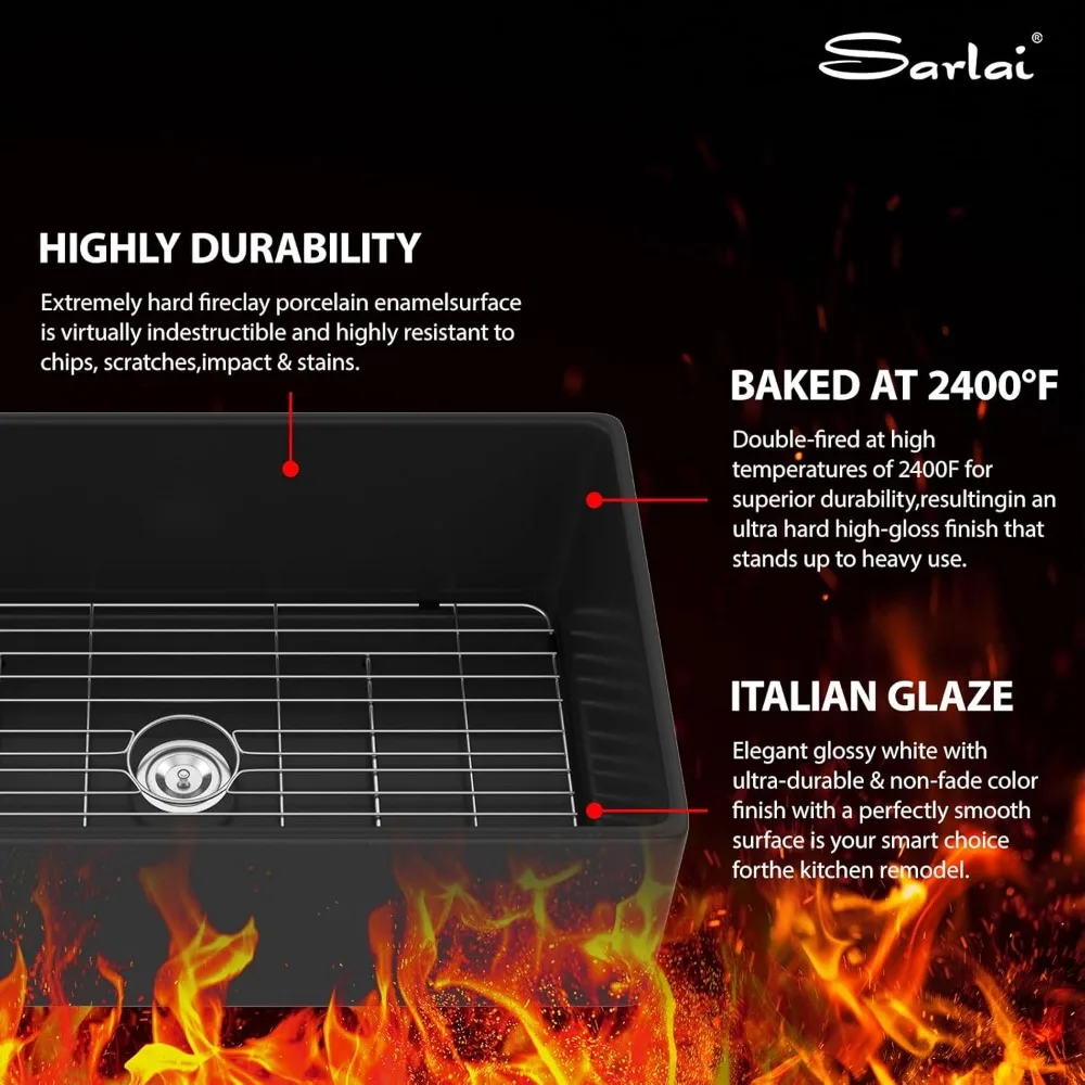 33 بوصة ماتي الأسود Fireclay السيراميك وعاء واحد المئزر حوض المطبخ الأمامي، نمط المزرعة التقليدية، الخزف المتين Constr #6