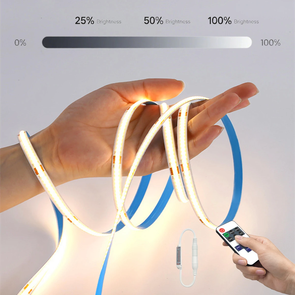 12V Flexible COB LED Strip Lights With RF Remote Controller Dimmable,Cuttable DIY Double-sided Tape Stick it Anywhere You Want
