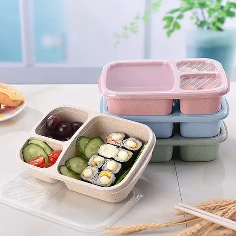 재사용 가능한 도시락 상자 식사 보관 식품 준비 도시락 상자 3칸 분할 식품 용기 홈 도시락 상자