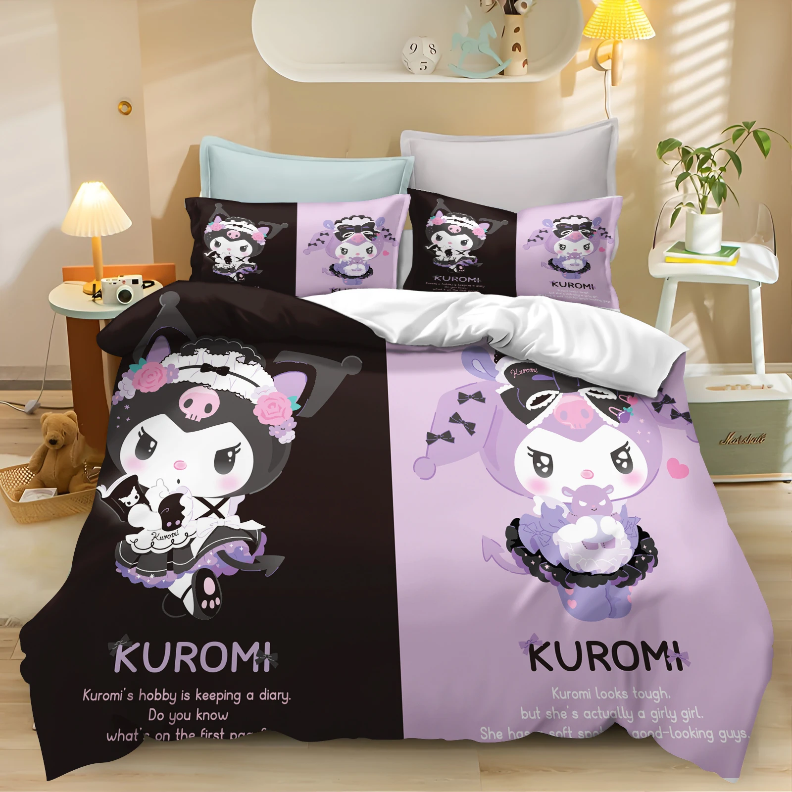 Kuromi housse de couette ensembles de literie impression numérique couette dessin animé enfants ensemble de lit taie d'oreiller pour garçon adulte cadeau