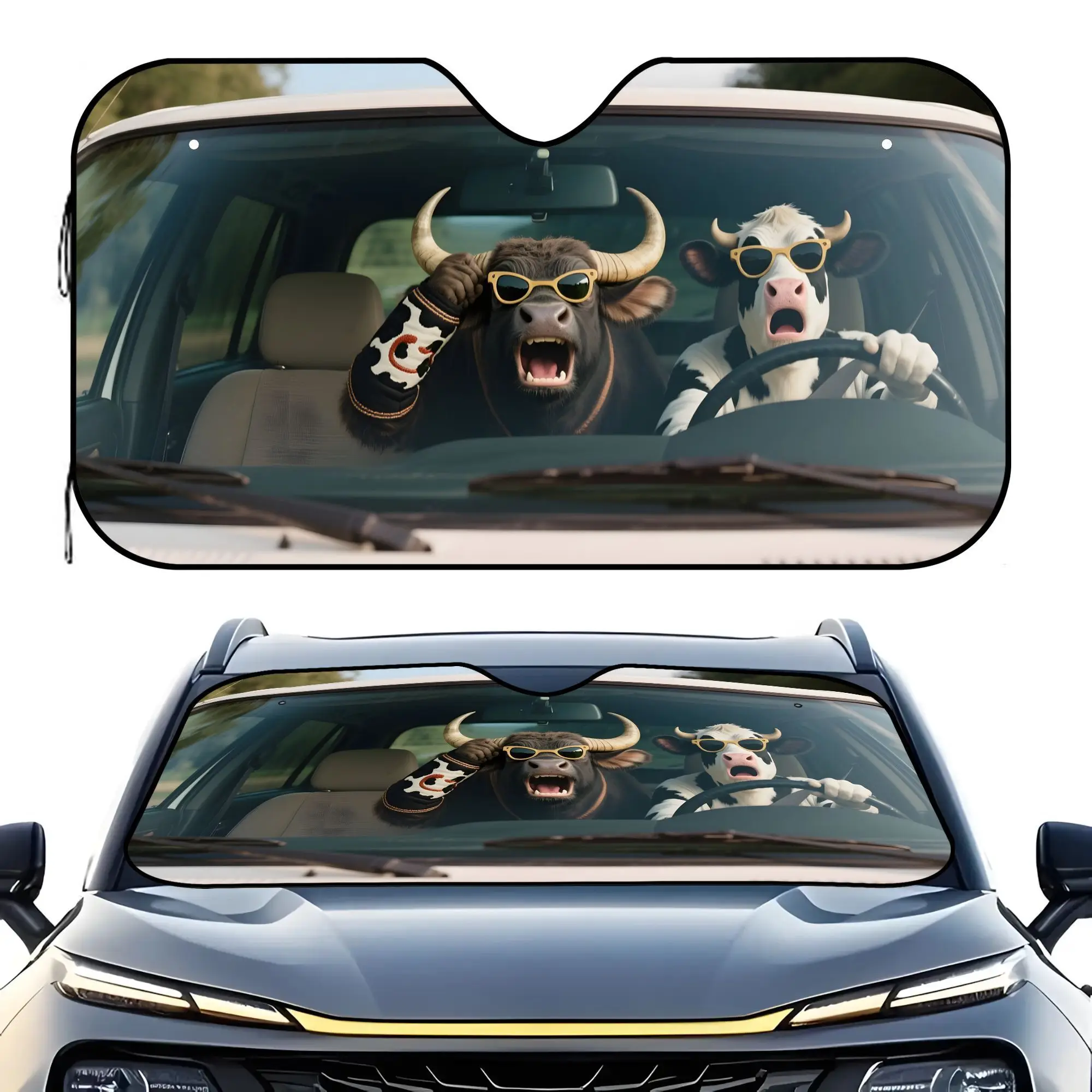 1pc Humorous Bull Design Car Sun Visor - Heat Insulation & UV Protection, Roll-Up Front Windshield Cover For Stylish Travel Acce