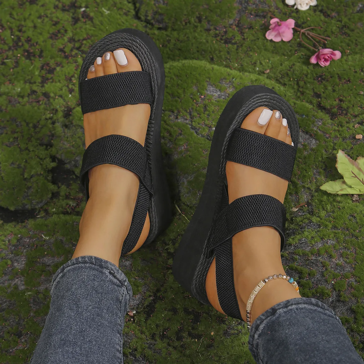 1pair Women's Minimalist Wedge Sandals Open Toe Thick Soled Platform Casual Sandals Ankle Strap Slingback Sandalias Solid Color image 4