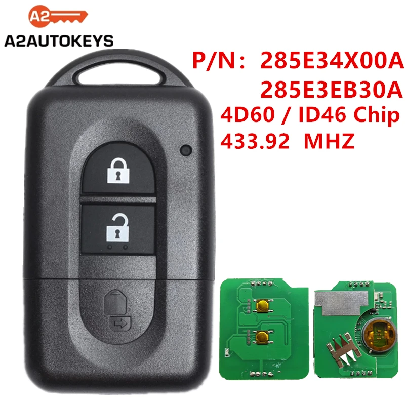 

A2AUTOKEYS 433 MHZ ID46/4D60 PN:285E34X00A/285E3EB30A Car Remote Control Key For Nisan Juke Navara Micra Xtrail Qashqai Duke