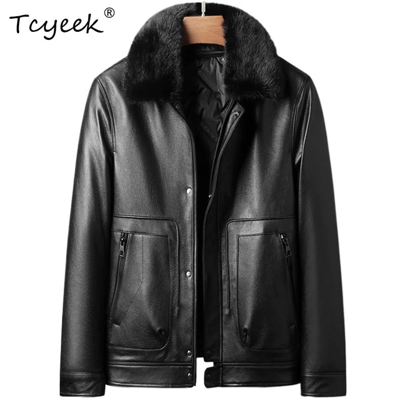 

Tcyeek Верхний слой из коровьей кожи Осень Зима Высококачественная модная короткая мужская куртка с лацканами Куртка Кожаная Мужская 가죽 자켓