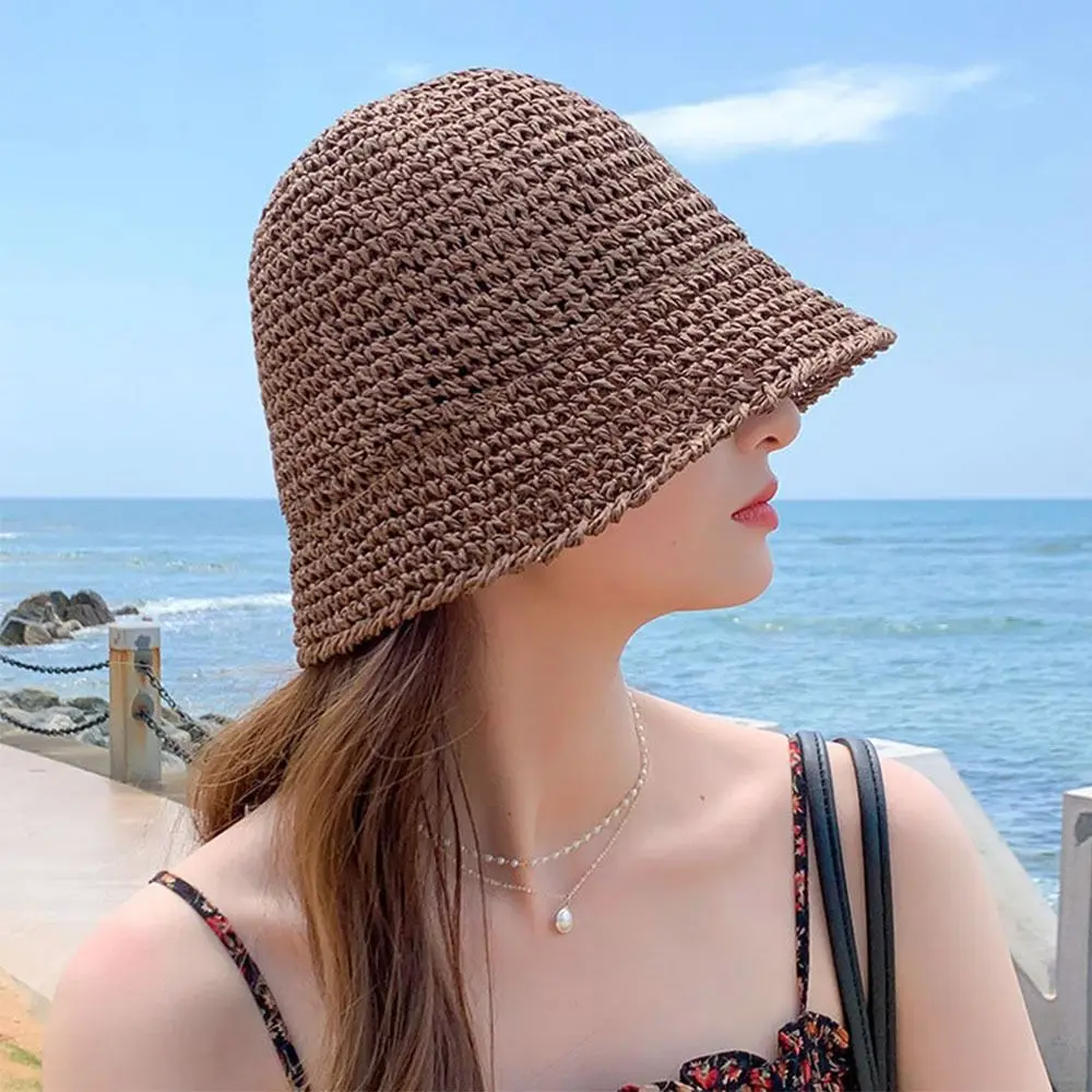 Breathable Straw Bucket Hat Women Wide Brim UV Protection Panama Cap Floppy Foldable Shade Hat