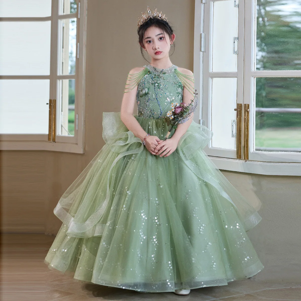 يتوهم فستان طويل تول الأميرة للمراهقات الفتيات الزهور جديد الرسن الكشكشة فستان طويل للحفلات لحفلات الزفاف عيد ميلاد فساتين رسمية #1