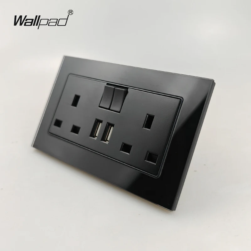 Doppelt geschaltete Steckdose nach britischem Standard mit 2 USB-Ladeanschlüssen, schwarzes gehärtetes Glas, 146 x 86 mm Größe