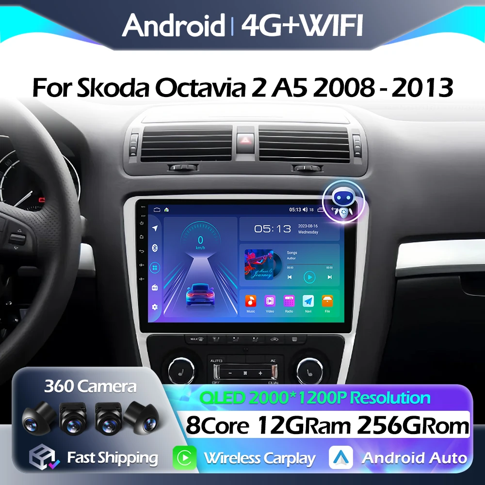 

QLED Android Auto For Skoda Octavia 2 A5 2008 - 2013 Car Radio Multimedia Video Player Navigation stereo GPS Carplay Bluetooth