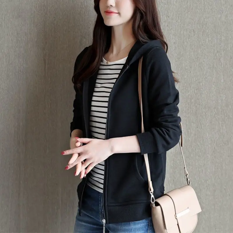 Women\'s Solid Hooded Collar Cardigan Hoodies 2023 Spring and Autumn New Korean Zipper Pockets Loose Sleeve Casual Sports Coat