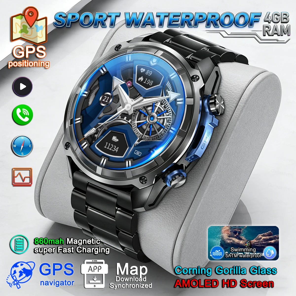 2026 New Military Smart Watch GPS Track Compass Altimeter Bl