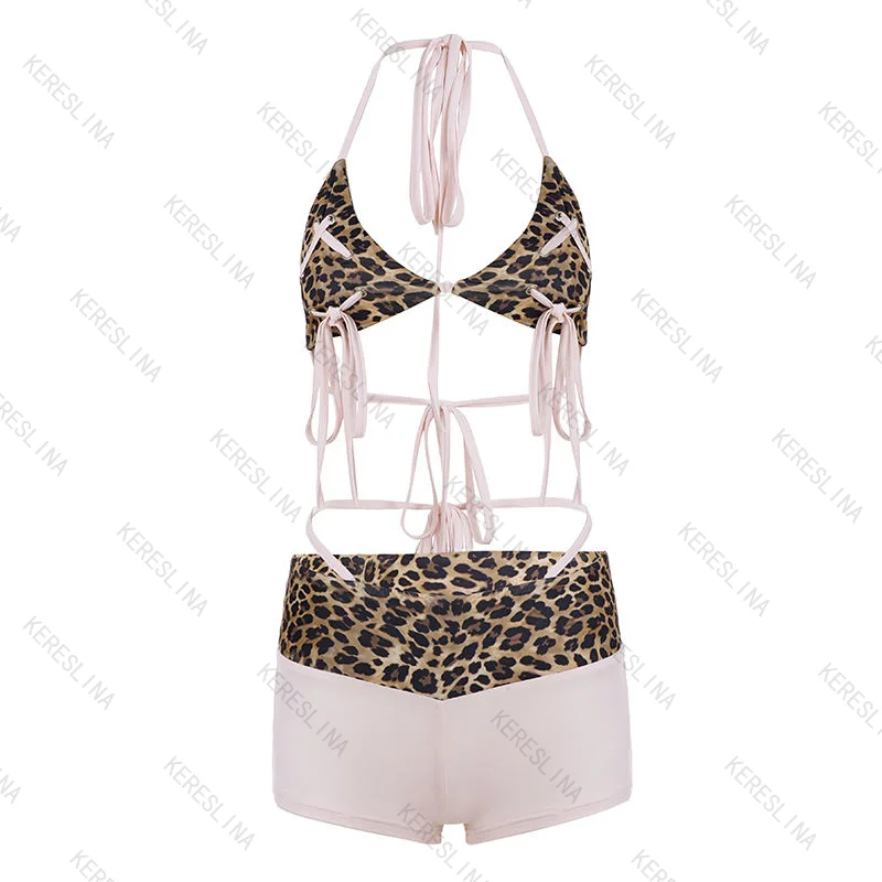 Summer popular versatile leopard print pink border strap bikini set Y2k Millennium subculture sexy sweet cool style bikini set