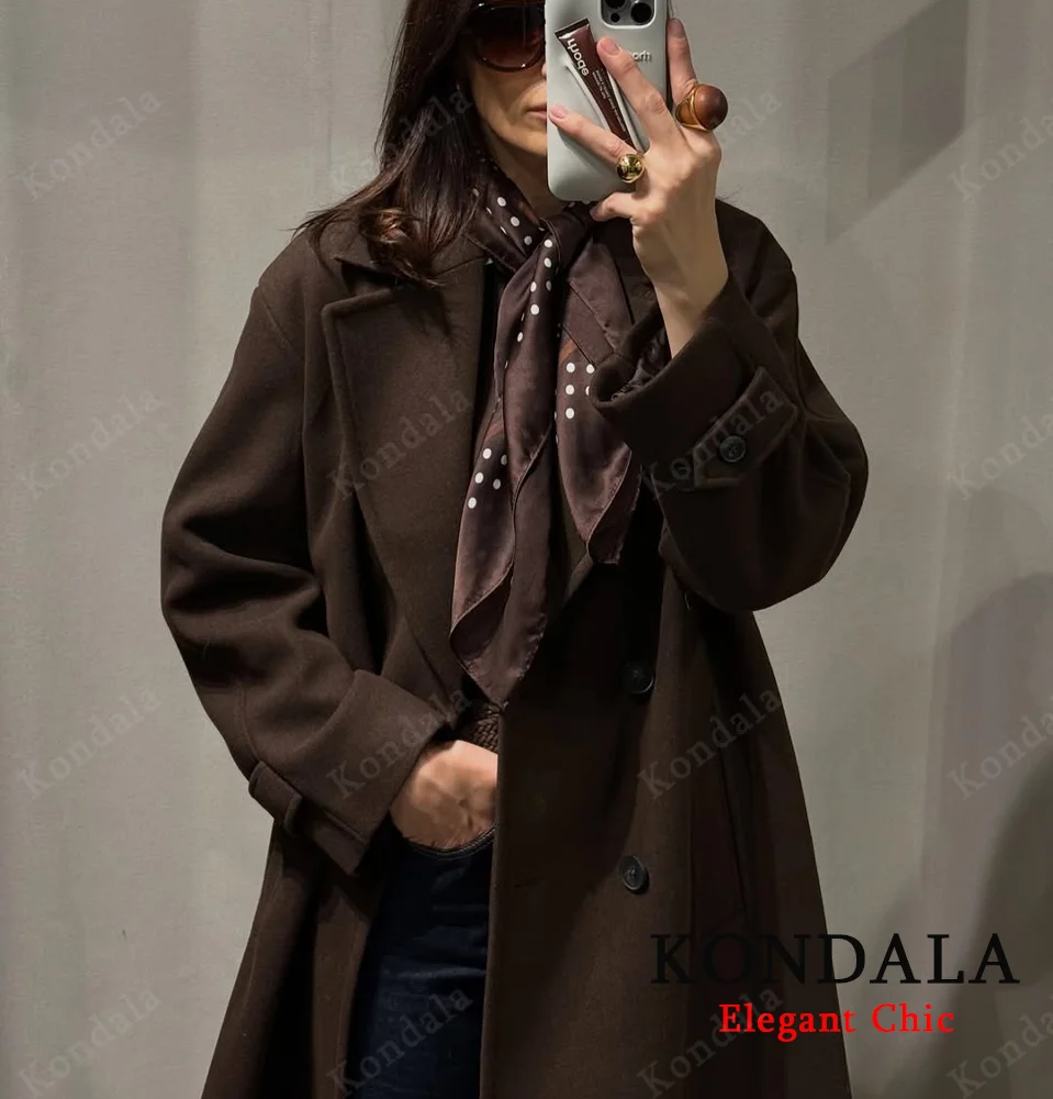 KONDALA Frauen Herbst Winter Elegante Mischung Lange Mantel Revers Zweireiher Warme Mantel 2025, Mode Herbst High Street Dame Mantel