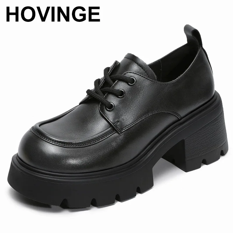 

Derby Shoes For Women Cow Leather Lace-Up With Round Toe Thick Sole Platform On Spring Autumn Handmade