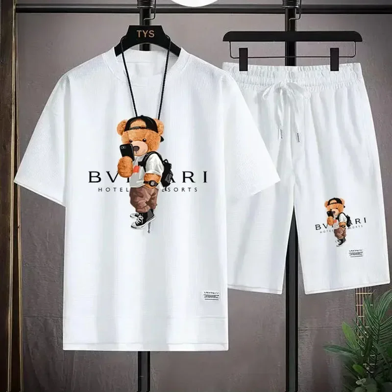 Men's Casual Quick Drying Jogging Fitness Suit Summer Short-Sleeved Round Neck T-Shirt + Sports Shorts Breathable 2-Piece Set