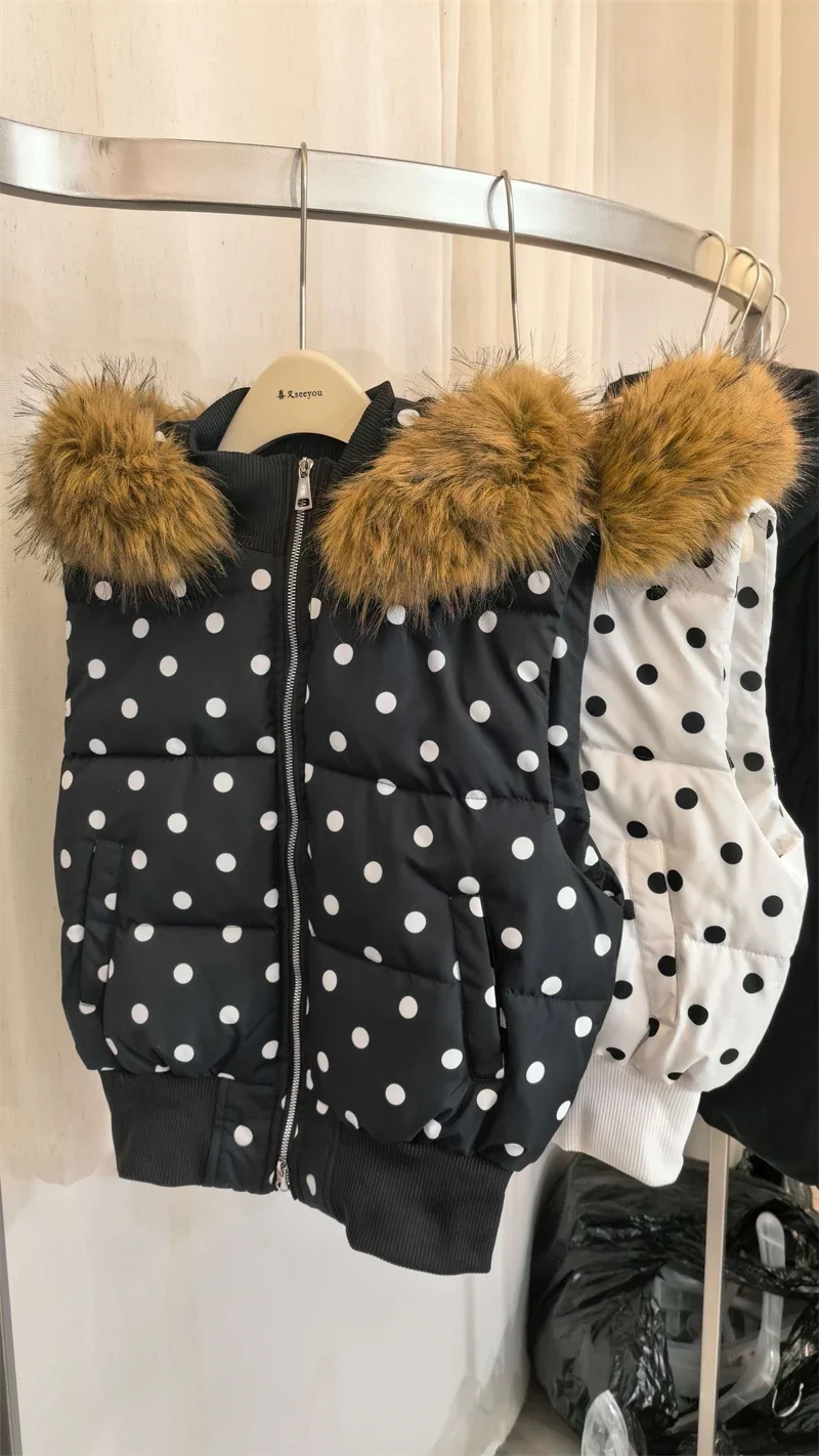 Harajuku Gothic Polka Dot Vest Jacket Fur Collar Hooded Women Fall Winter Casual Sleeveless Y2K Cotton Padded Quilted Coat Жилет
