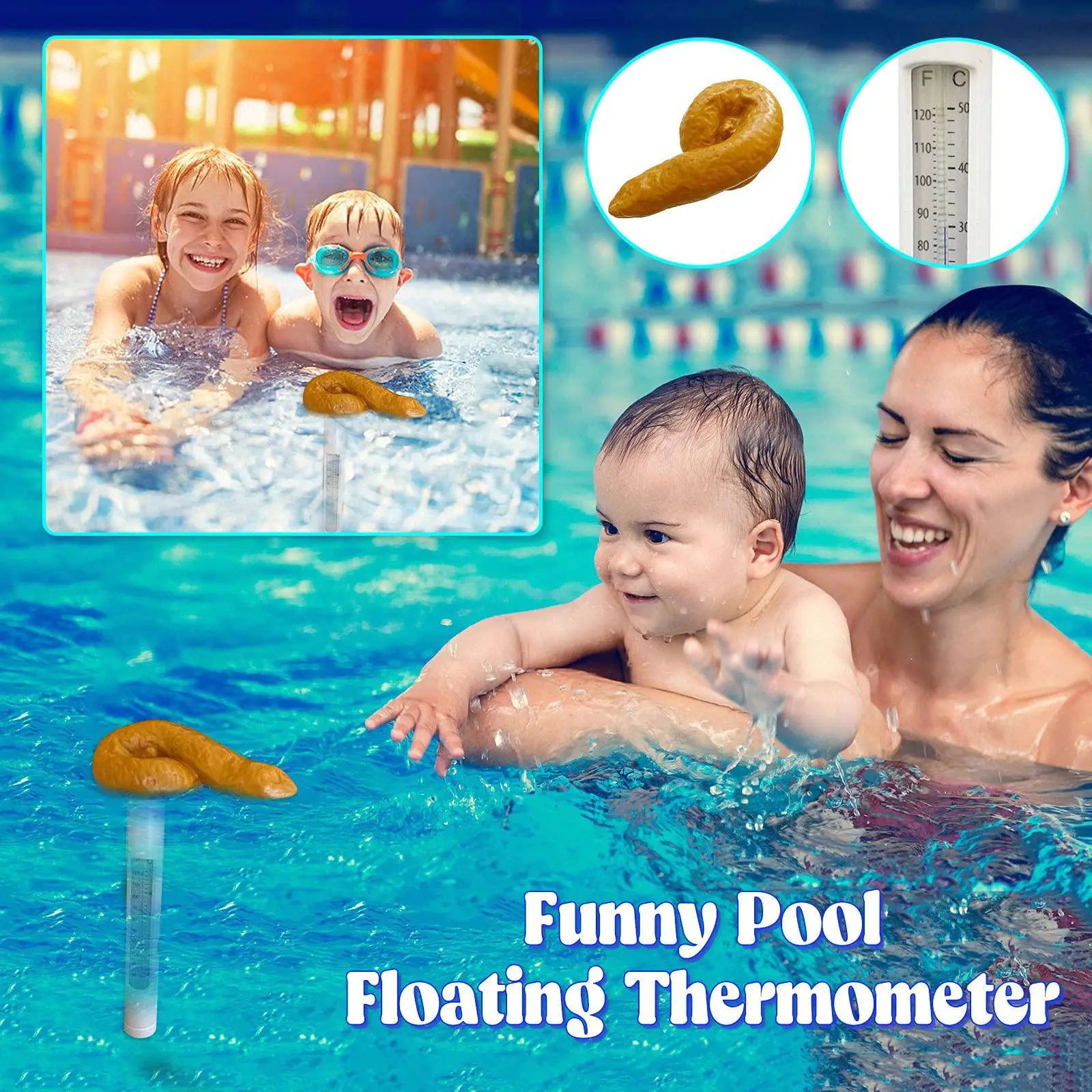 Poop Pool Thermometer with Rope Floating Water Thermometer Swimming Pools Thermometer for Outdoor Indoor Swimming Pools