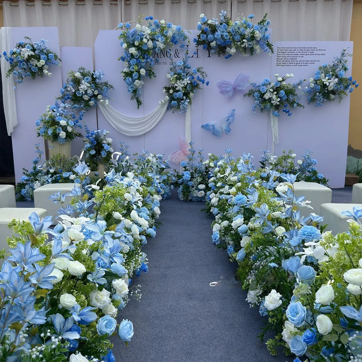 Blue Green Artificial Flowers Wedding Props Hang Flower Row Road Lead Flower Ball Floral Backdrop Arrangement Event Decoration