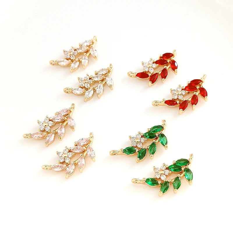 2 pieces copper-clad gold inlaid zircon leaf flower double rings exquisite pendant DIY hand jewelry accessories materials