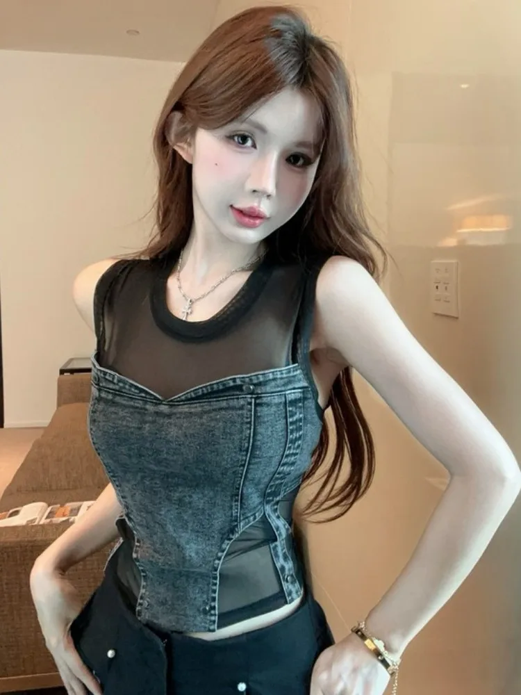 

American Style Denim Strapless Crop Top Women's Summer Thai Sweet And Spicy Girl Sexy Sleeveless Tube Top Outerwear