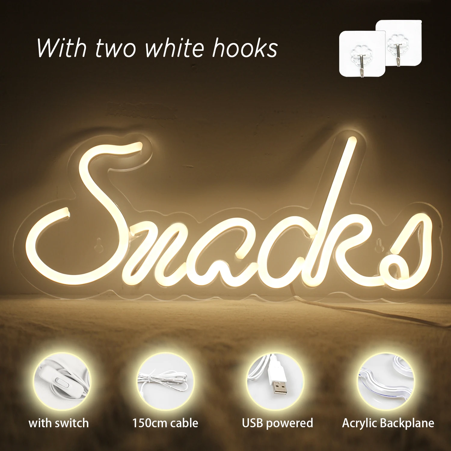 Imagem -04 - Snacks Neon Sign para Wall Decor Snack ou Coffe Bar Bolo Doces Loja Festa Stall Casa Quarto Usb Quente Branco