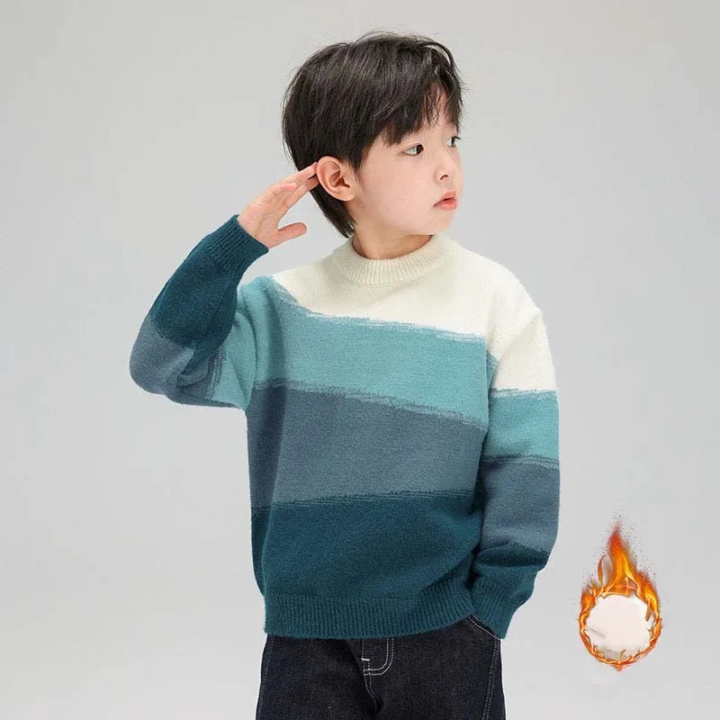 Winter UNITIM Junior Boys Sweater Thicken Warm Striped Pullovers for 4-14Y Kids Boys Simple Plus Velvet Children Boys Knitwear