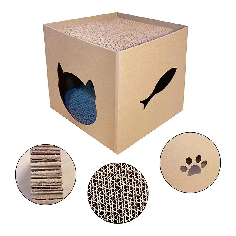 Cat House Scratching Board Pet Folding Pets House With Scratch Pads Corrugated Cat Cardboard Box For Rabbit Hideout Cat