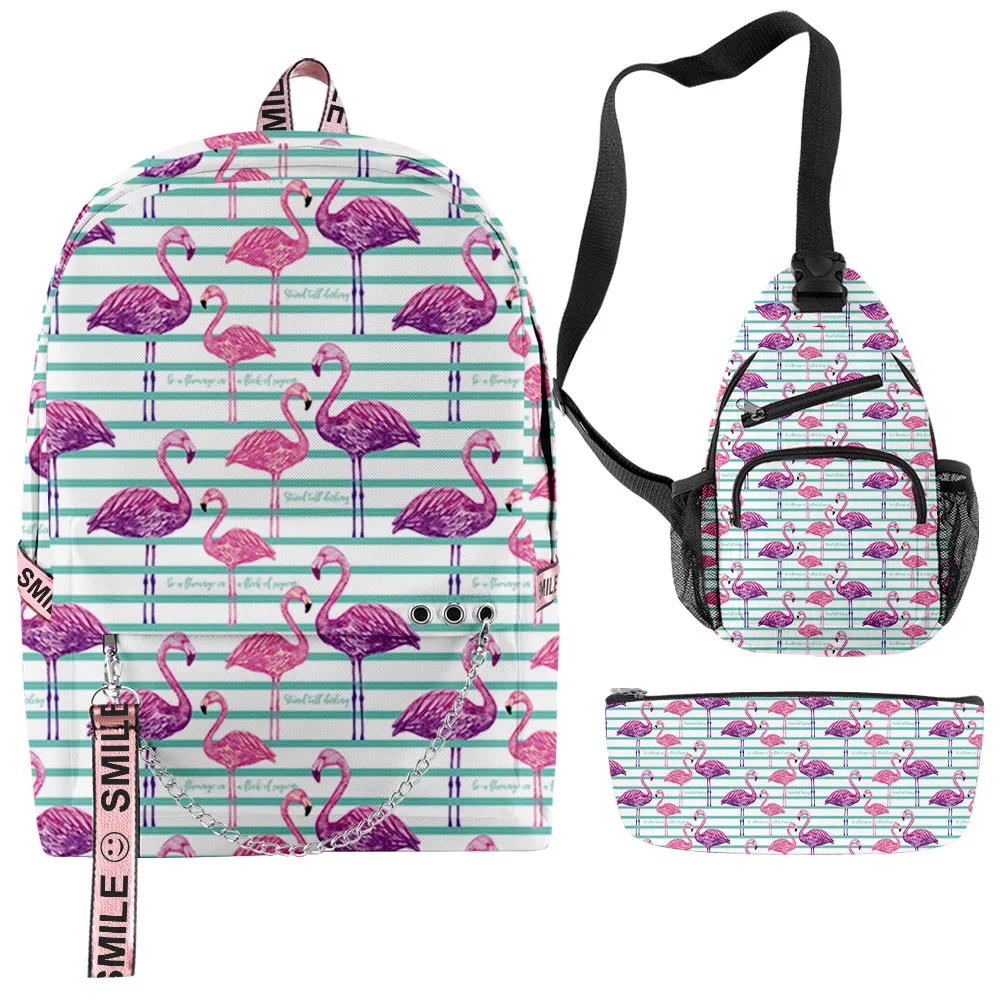 Cartoon Youthful Flamingo 3pcs/Set Backpacks 3D Print Oxford Waterproof Notebook multifunction Backpack Chest Bag Pencil Case